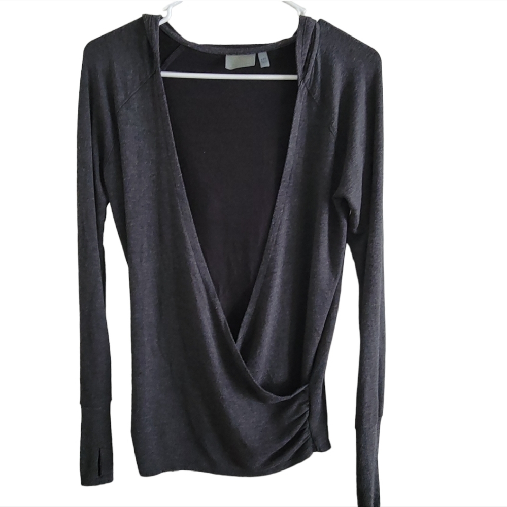 50% off sale!! Athleta Heather Dark Gray Modal Hooded Surplice Wrap Long Sleeve